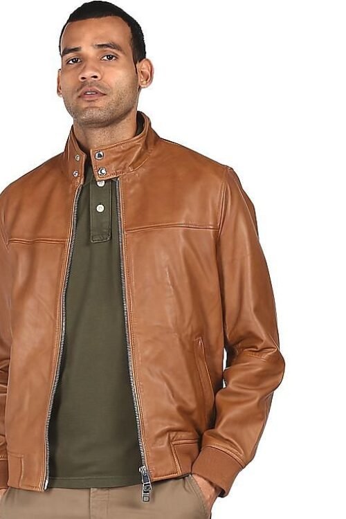 Men Brown High Neck Harrington Jacket