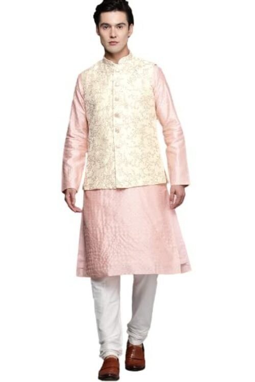 Manyavar Mens Jacket, Nehru Jacket for Men, Ethnic Jacket for Festival, Anniversary, Wedding, Party, Sleevless Jacket (Beige)