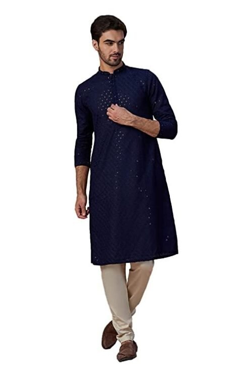 Manyavar Kurta Set for Men, Full Sleeves Mandarin Collar Ethnic Men’s Kurta Set for Engagement, Wedding, Party Blended Cotton Embroidery (Blue)