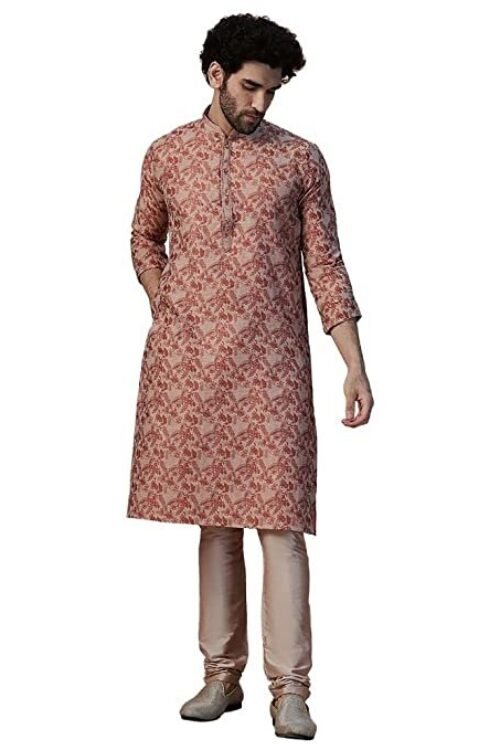 Manyavar Kurta Set for Men, Full Sleeves Mandarin Collar Ethnic Men’s Kurta Set for Engagement, Wedding, Party Blended Cotton Printed (Rust)