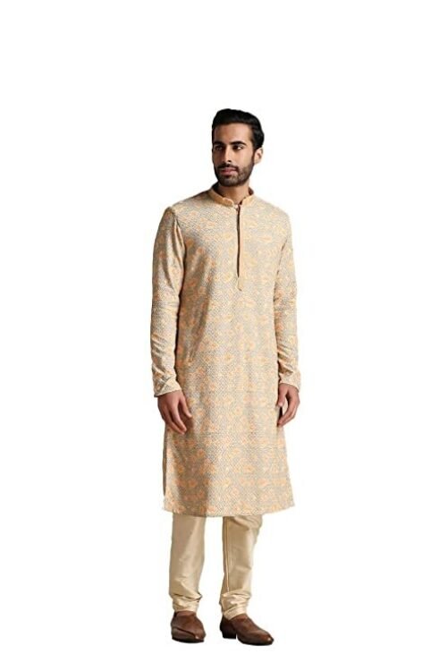 Manyavar Kurta Set for Men, Full Sleeves Mandarin Collar Ethnic Men’s Kurta Set for Engagement, Wedding, Party Blended Cotton Printed (Pista)