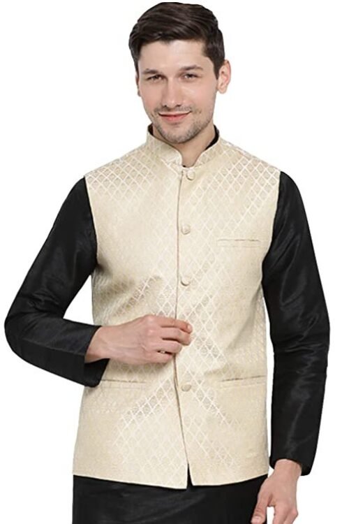 VASTRAMAY Men’s Cream Cotton Silk Blend Ethnic Jacket