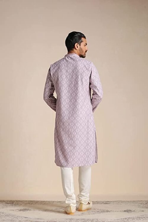 Manyavar Kurta Set for Men, Full Sleeves Mandarin Collar Ethnic Men’s Kurta Set for Engagement, Wedding, Party Blended Cotton Printed