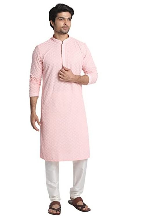 Manyavar SelfDesign Chikankari Knee Long Kurta and Churidar Set For Men