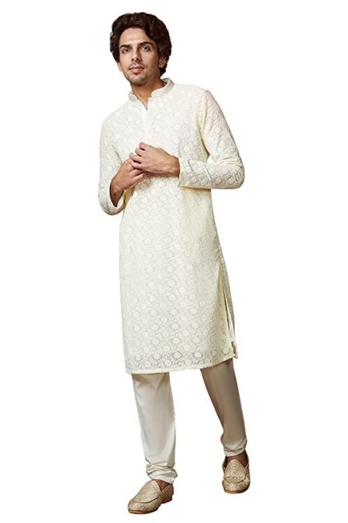 Manyavar Kurta Set for Men, Full Sleeves Mandarin Collar Ethnic Kurta Set for Engagement & Wedding, Party Georgette