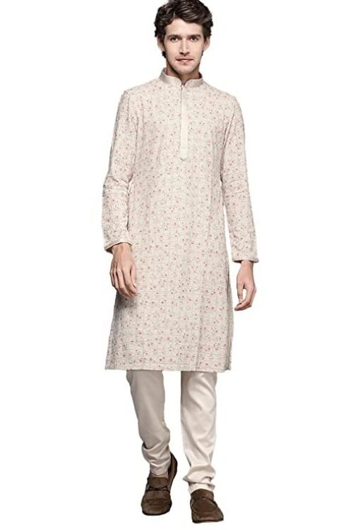 Manyavar Kurta Set for Men, Full Sleeves Mandarin Collar Ethnic Kurta Set for Engagement, Wedding, Party Printed (Beige)