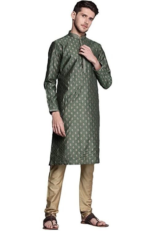 Manyavar Kurta Set for Men, Full Sleeves Mandarin Collar Ethnic Kurta Set for Engagement, Wedding, Party Solid (Green)