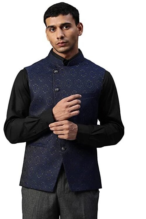 MANQ Men Fawn Woven Jaquard Silk Nehru Jacket