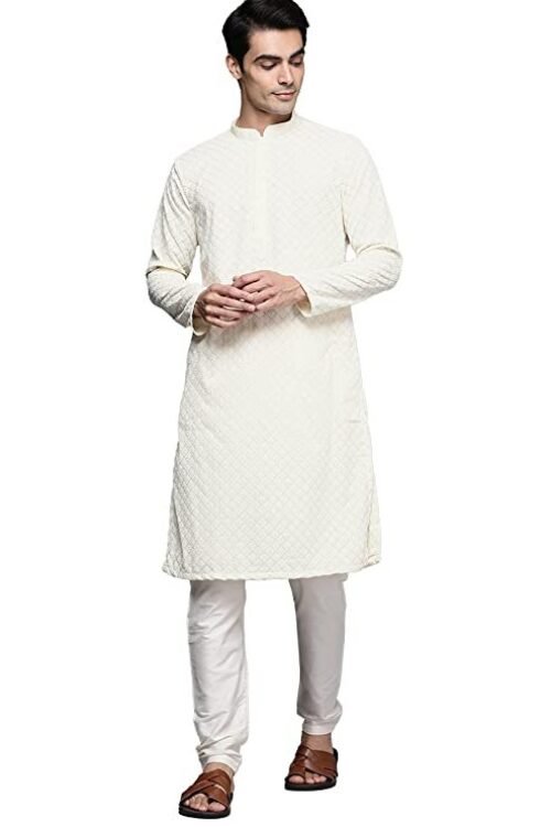 Manyavar Kurta Set for Men, Full Sleeves Mandarin Collar Ethnic Kurta Set for Engagement, Wedding, Party All Over Self Design (Off White)