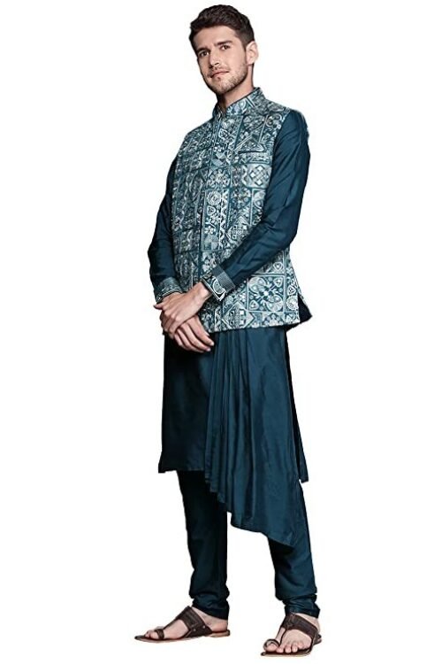 Manyavar Kurta Jacket Set for Men, Full Sleeves Mandarin Collar Ethnic Wear Jacket Set for Festival, Wedding, Party Blended Viscose (Blue)