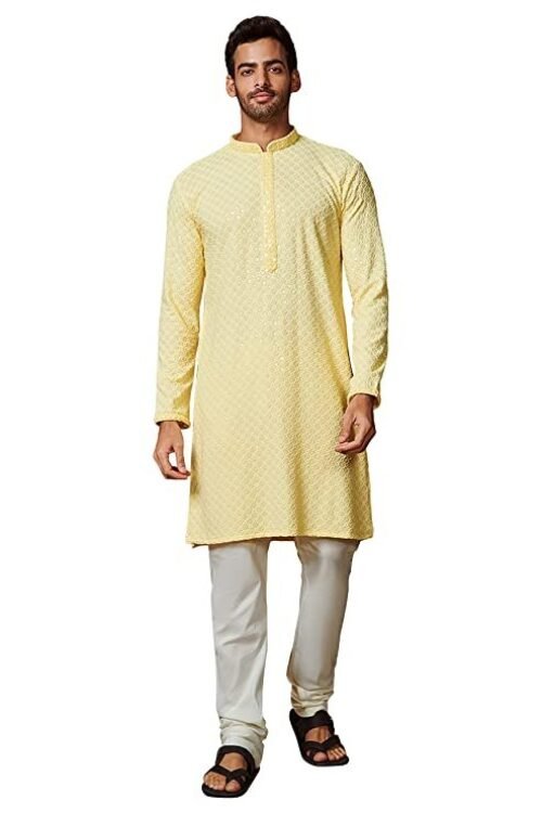 Manyavar Kurta Set for Men, Full Sleeves Mandarin Collar Ethnic Kurta Set for Engagement, Wedding, Party Embroidered