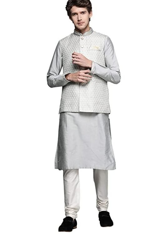 Manyavar Kurta Jacket Set for Men, Full Sleeves Mandarin Collar Ethnic Wear Jacket Set for Festival, Wedding, Party Blended Viscose