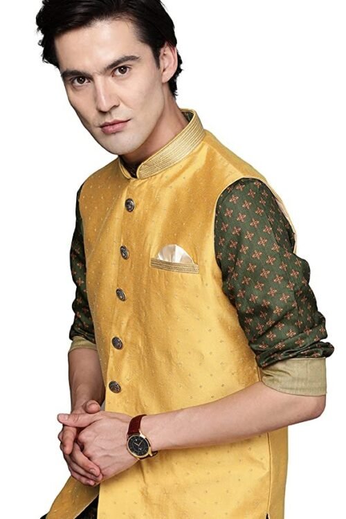 Manyavar Mens Jacket, Nehru Jacket for Men, Ethnic Jacket for Festival, Wedding, Party Sleevless Jacket (Mustard)