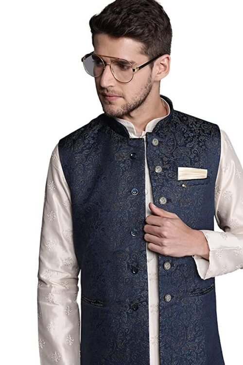 Manyavar Mens Jacket, Nehru Jacket for Men, Ethnic Jacket for Festival, Wedding, Party, Sleevless Jacket Brocade