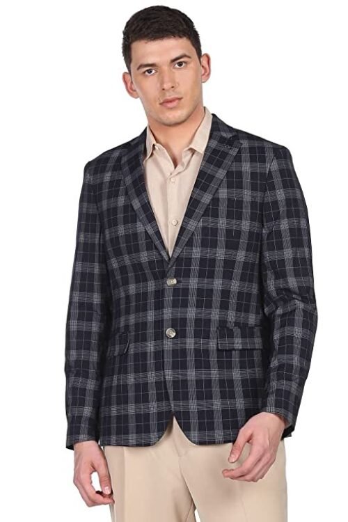 Arrow Men Navy Notch Lapel Collar Check Formal Blazer