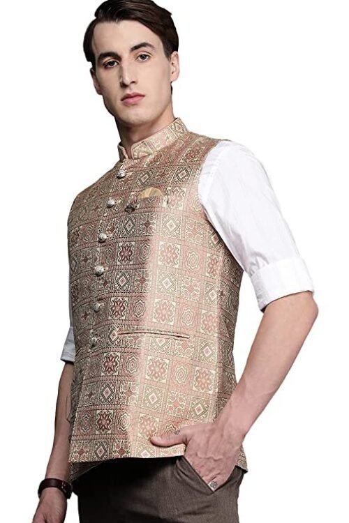 Manyavar Nehru Jacket for Men, Ethnic Jacket for Festival, Wedding, Party, Sleevless Jacket, All Over Self Design