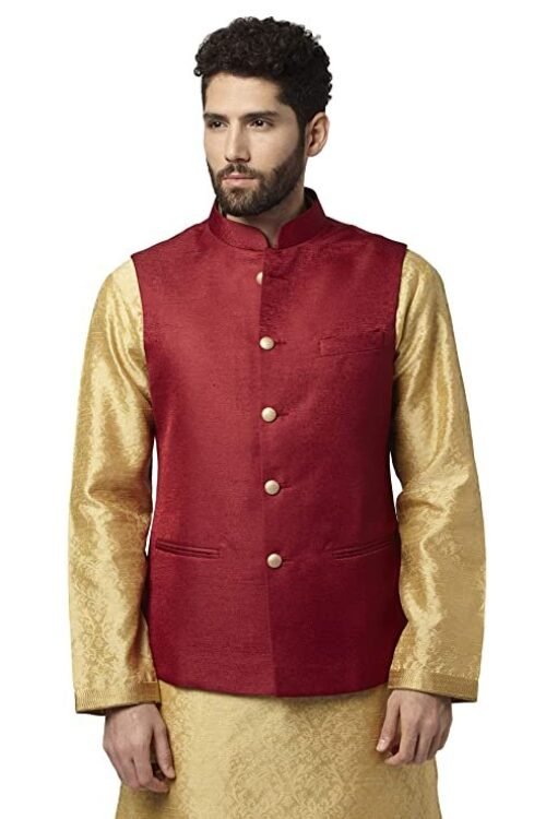 ethnix Dark Red Polyester Blend Regular Fit Bundi