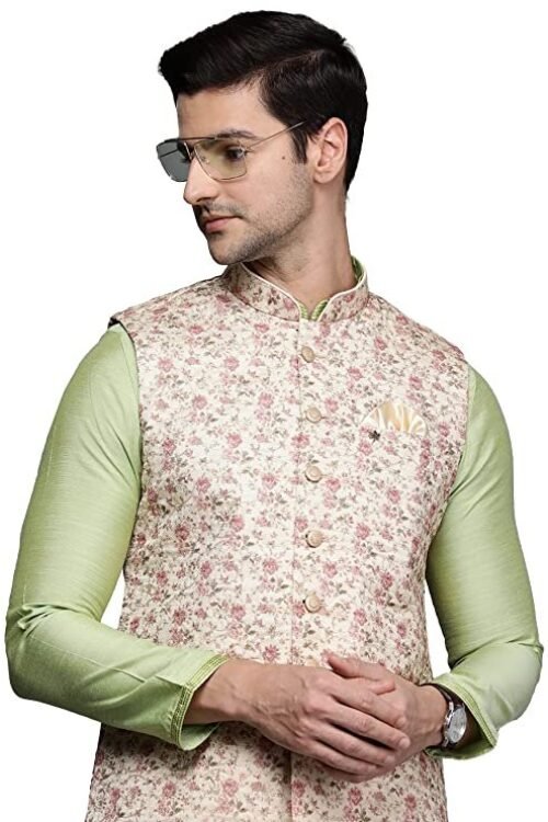 Manyavar Men’s Nehru Jacket (JAC229-303_Biscuit_2XL)